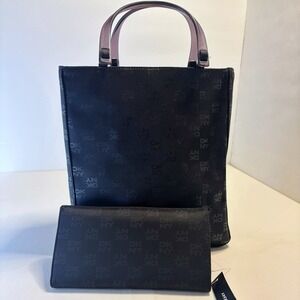 DKNY SET Handbag Tote + Wallet Monogram Logo Print Black Y2K 90s Vintage Nylon